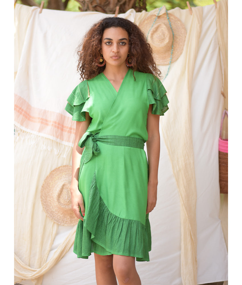 Shades of Green Handwoven Short Spiral Dress handmade in Egypt & available at Jozee Boutique.