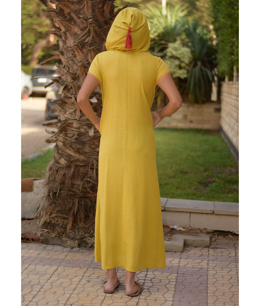 Mustard Siwa Heavily Embroidered Linen Dress with Hoodie handmade in Egypt & available at Jozee Boutique.