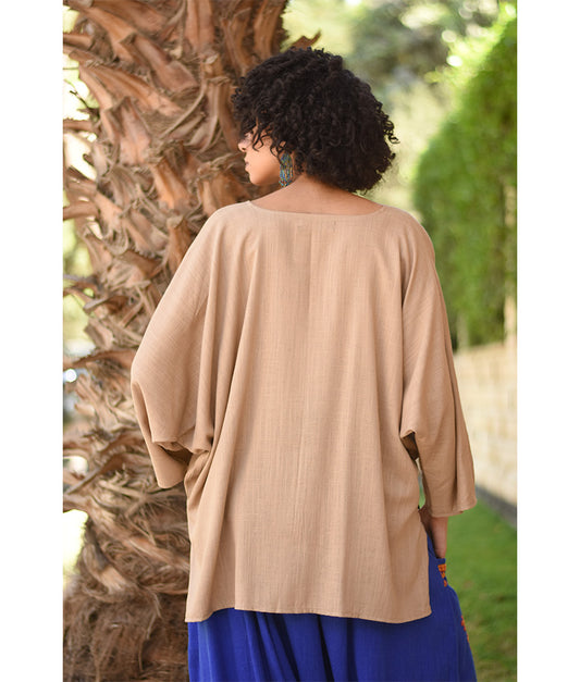 Dark Beige Linen Top – Long Sleeves handmade in Egypt & available in Jozee boutique