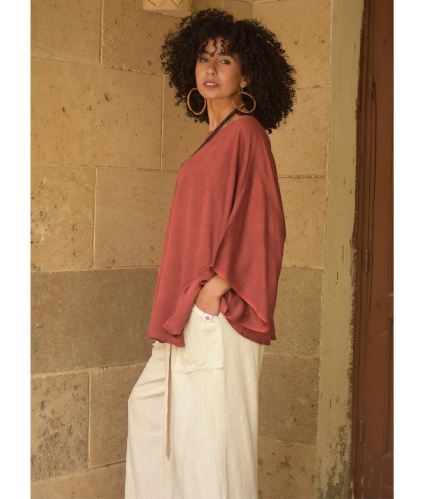 Brick Red Viscose Oversized Top with Flowing Silhouette handmade in Egypt & available at Jozee Boutique.