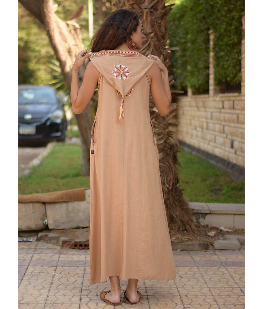 Dark Beige Siwa Embroidered Linen Dress with Hoodie handmade in Egypt & available at Jozee Boutique.