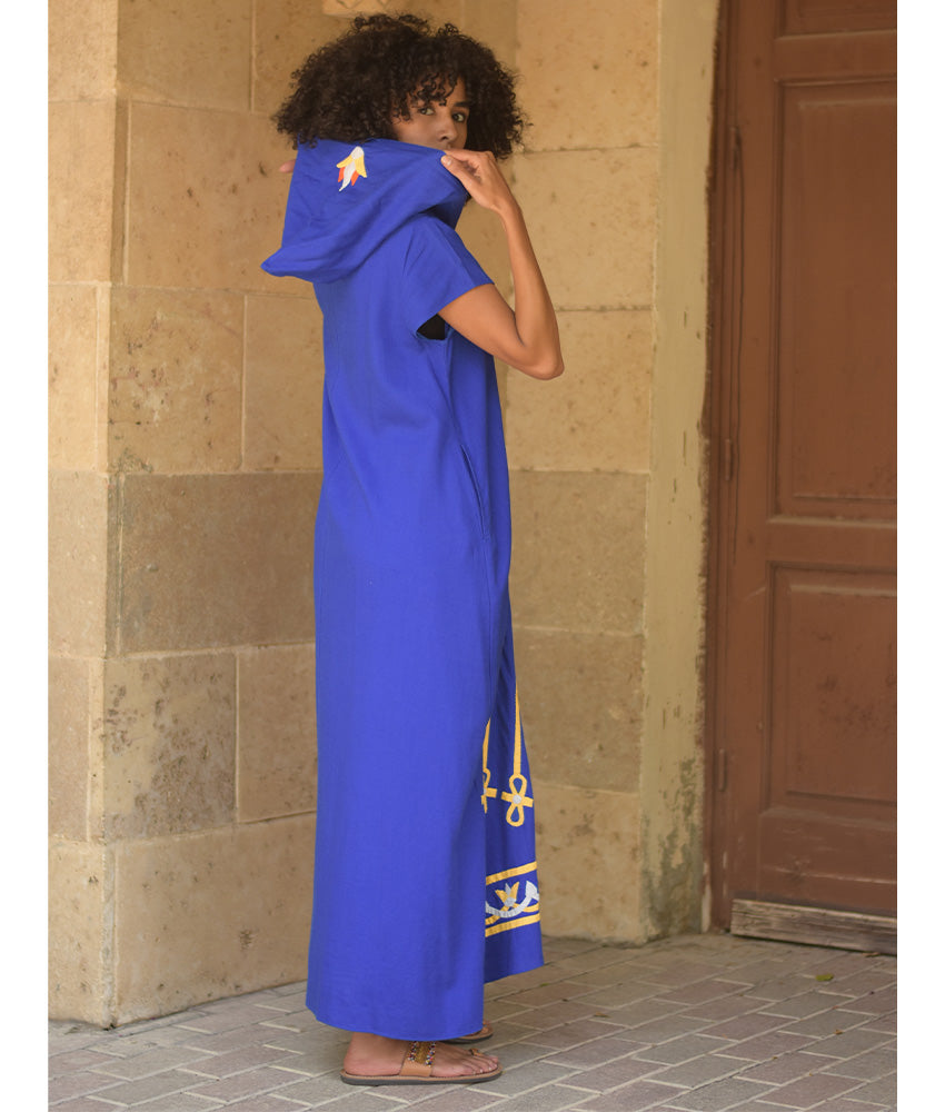 Electric Blue Linen Dress with Khyamia Ancient Egyptian Crafts Patchwork handmade in Egypt & available at Jozee Boutique.
