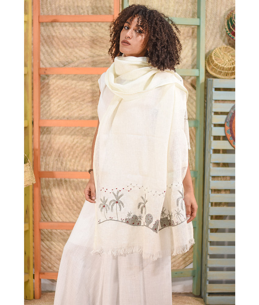 White Embroidered Linen Shawl handmade in Egypt & available at Jozee Boutique