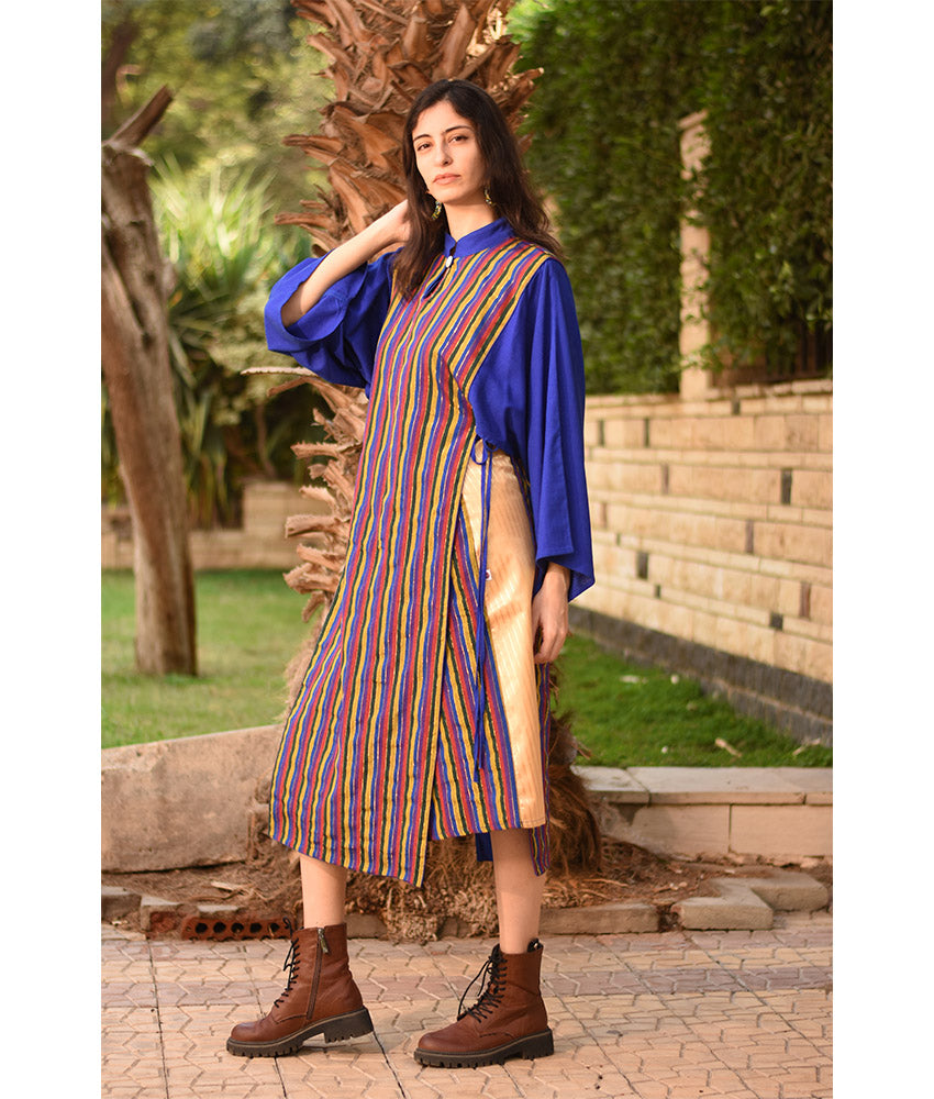 Electric Blue & Multicolored Silk & Cotton Loom Woven Long Sleeve Tunic handmade in Egypt & available at Jozee Boutique.