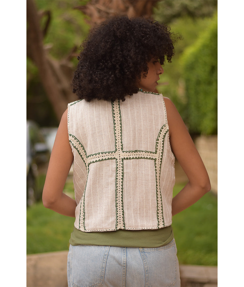 Off White & Olive Green Hand Embroideries Linen Vest handmade in Egypt & available at Jozee Boutique.