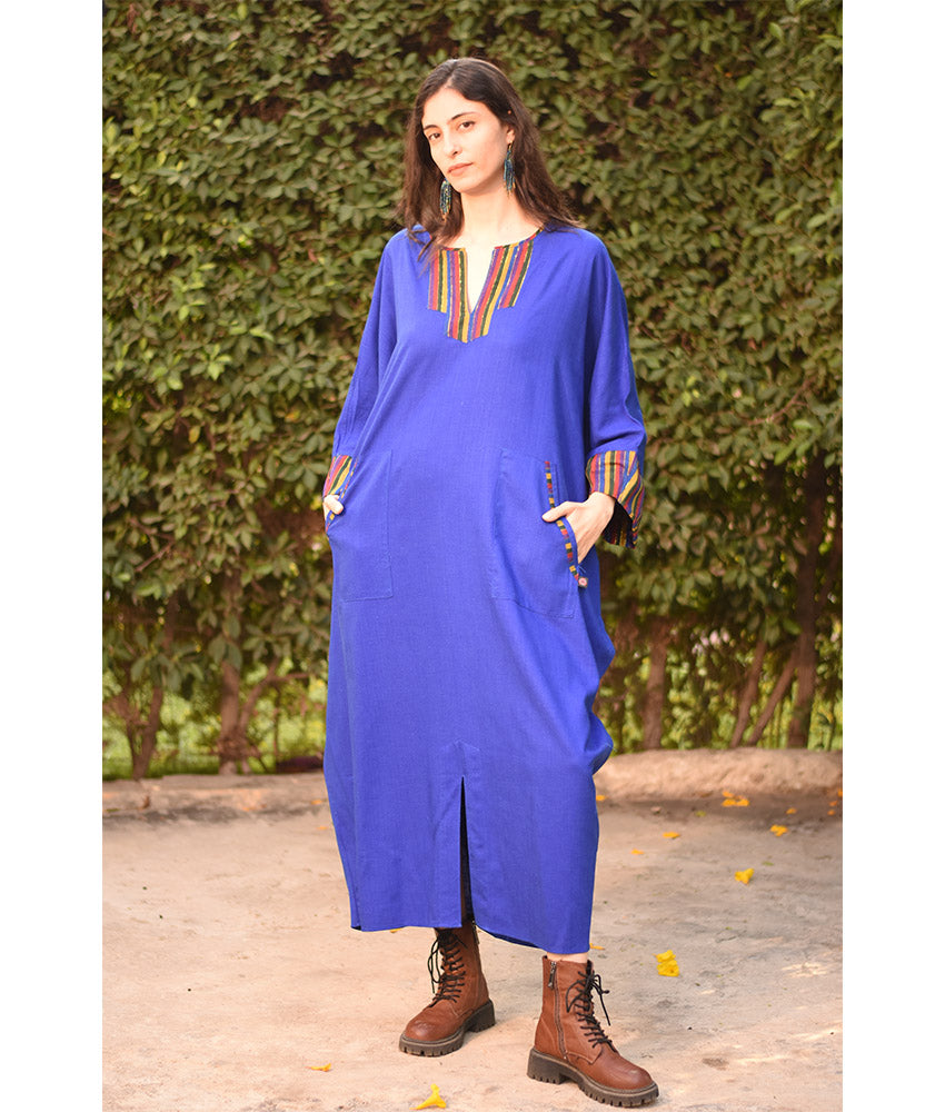 Electric Blue Linen Kaftan with Silk & Cotton Loom Woven Patches handmade in Egypt & available at Jozee Boutique.
