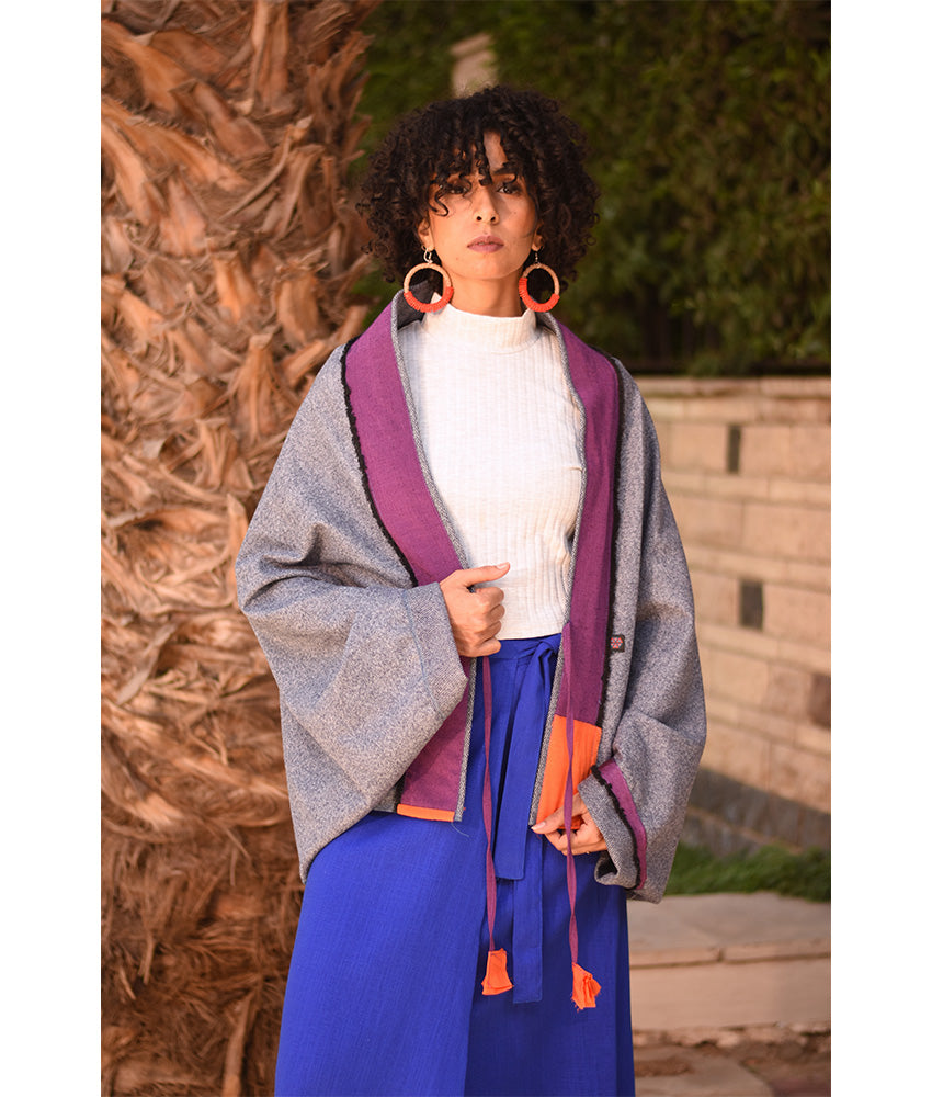 Grey & Purple Thin Wool Bolero with Silk & Cotton Loom Woven Patches handmade in Egypt & available at Jozee Boutique.