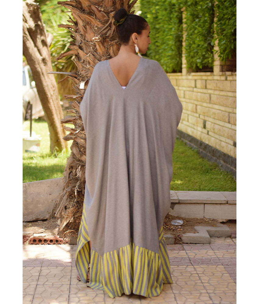 Yellow & Grey Handwoven Ruffle Kaftan handmade in Egypt & available at Jozee boutique