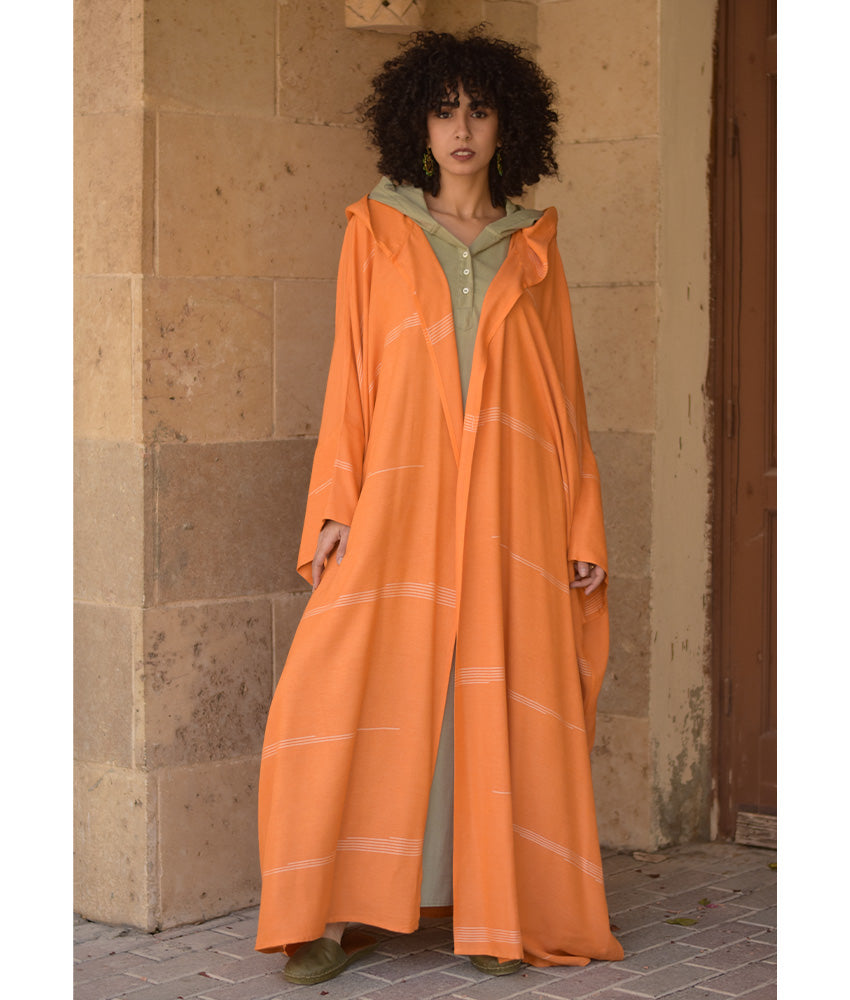 Burnt Orange Viscose Cardigan with Hoodie handmade in Egypt & available at Jozee Boutique.