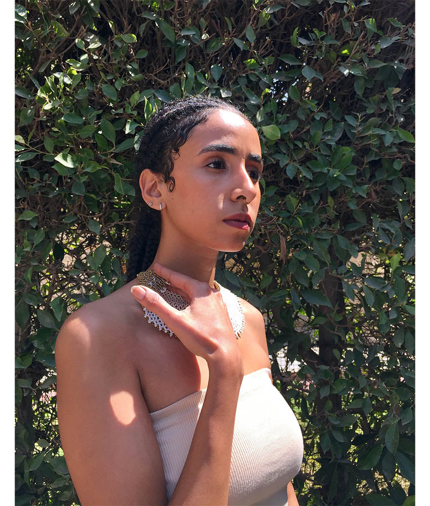 White & Gold Double Layer French Loom Beaded Necklace handmade in Egypt & available at Jozee Boutique.