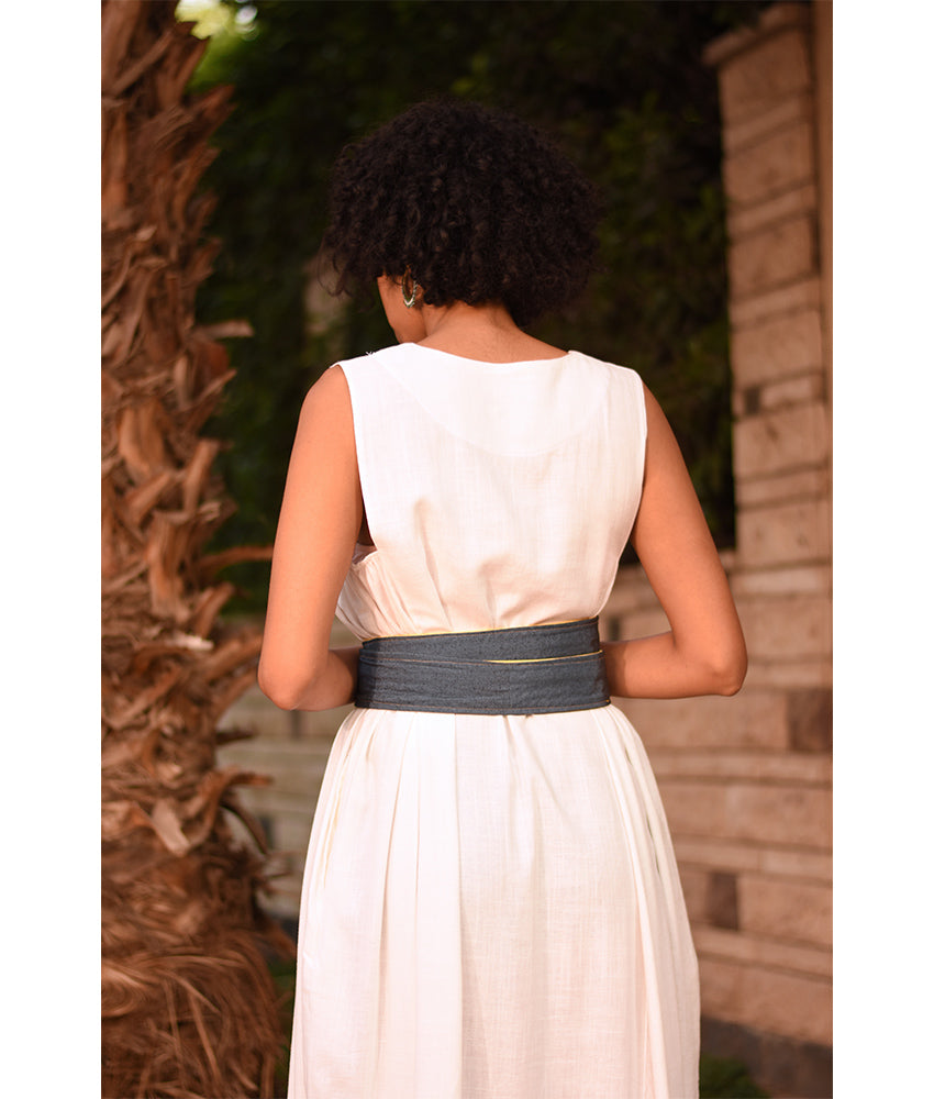 Denim Blue & Multicolored Silk & Cotton Loom Woven Double Wrap Belt handmade in Egypt and available at Jozee Boutique