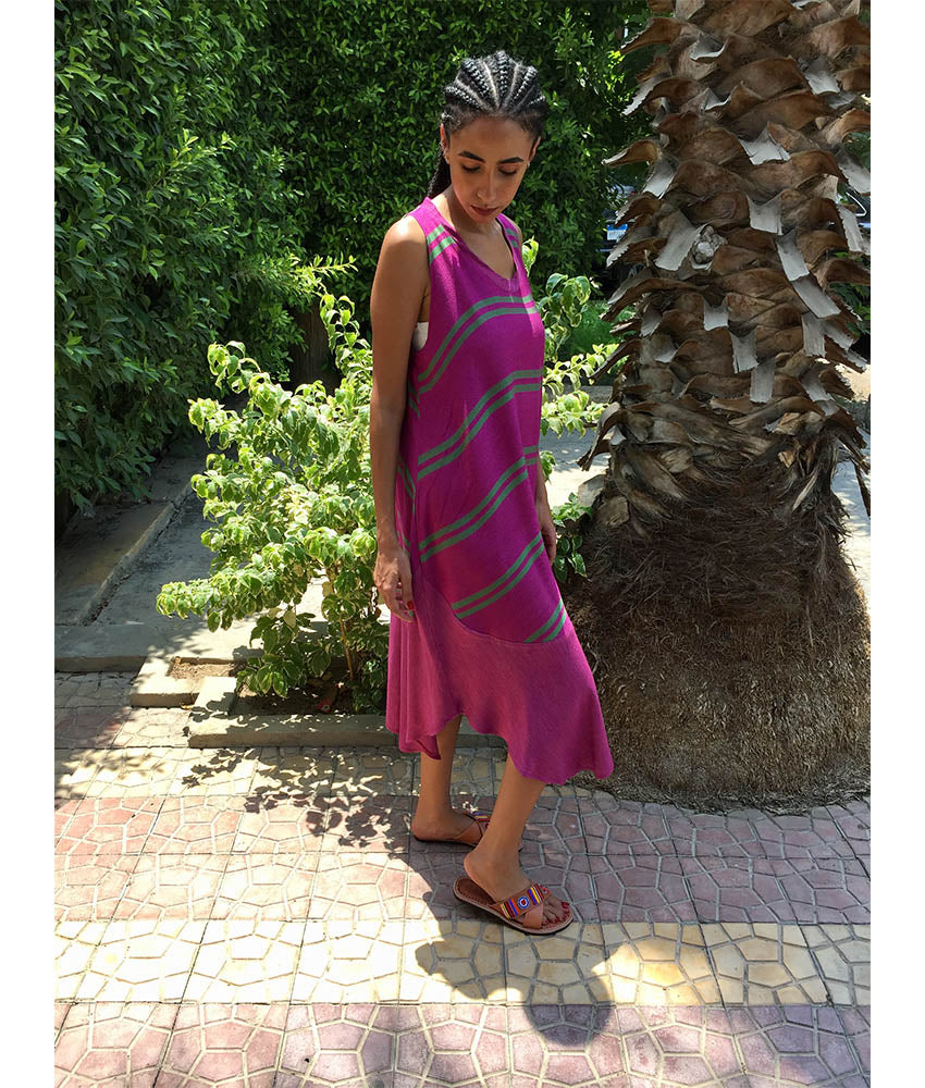 Purple & Green Viscose Midi Sleeveless Dress Handmade in Egypt & available in Jozee boutique