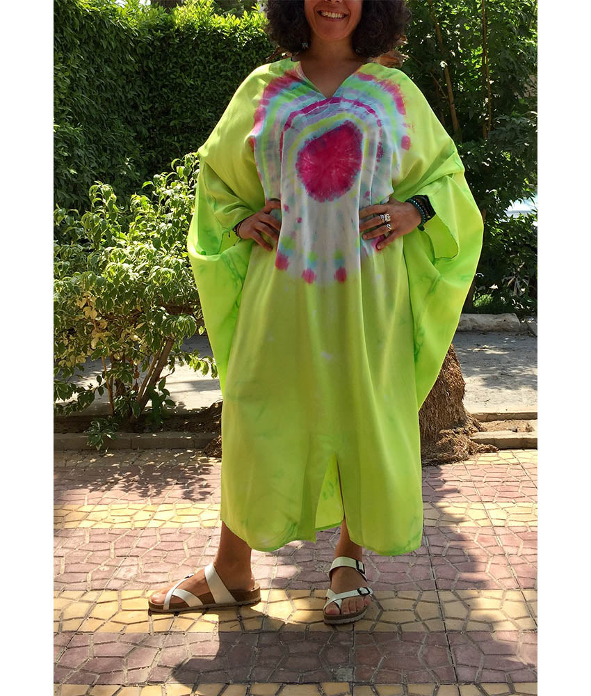 Lime Green & Pink Tie Dyed Kaftan handmade in Egypt & available in Jozee boutique
