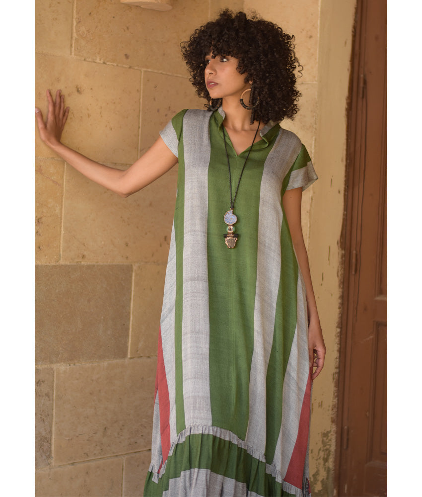 Green & Grey Handwoven Ruffle Dress Handmade in Egypt & available at Jozee Boutique