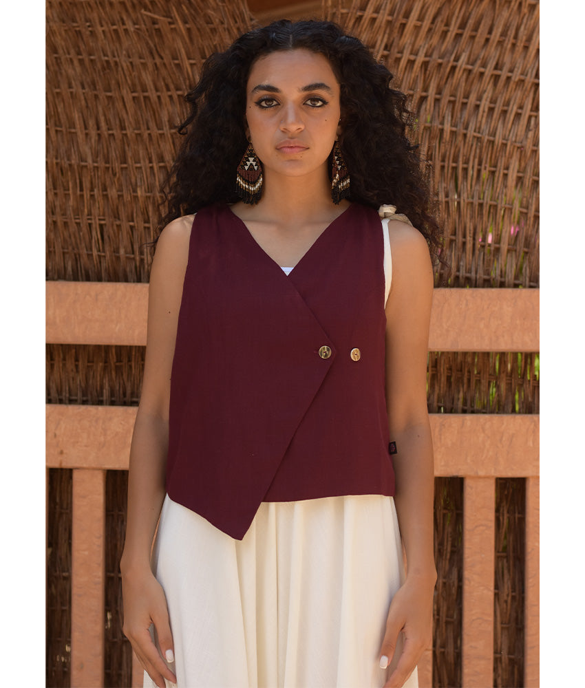 Burgundy El Mahrousa Linen Wrap Vest handmade in Egypt & available at Jozee Boutique.