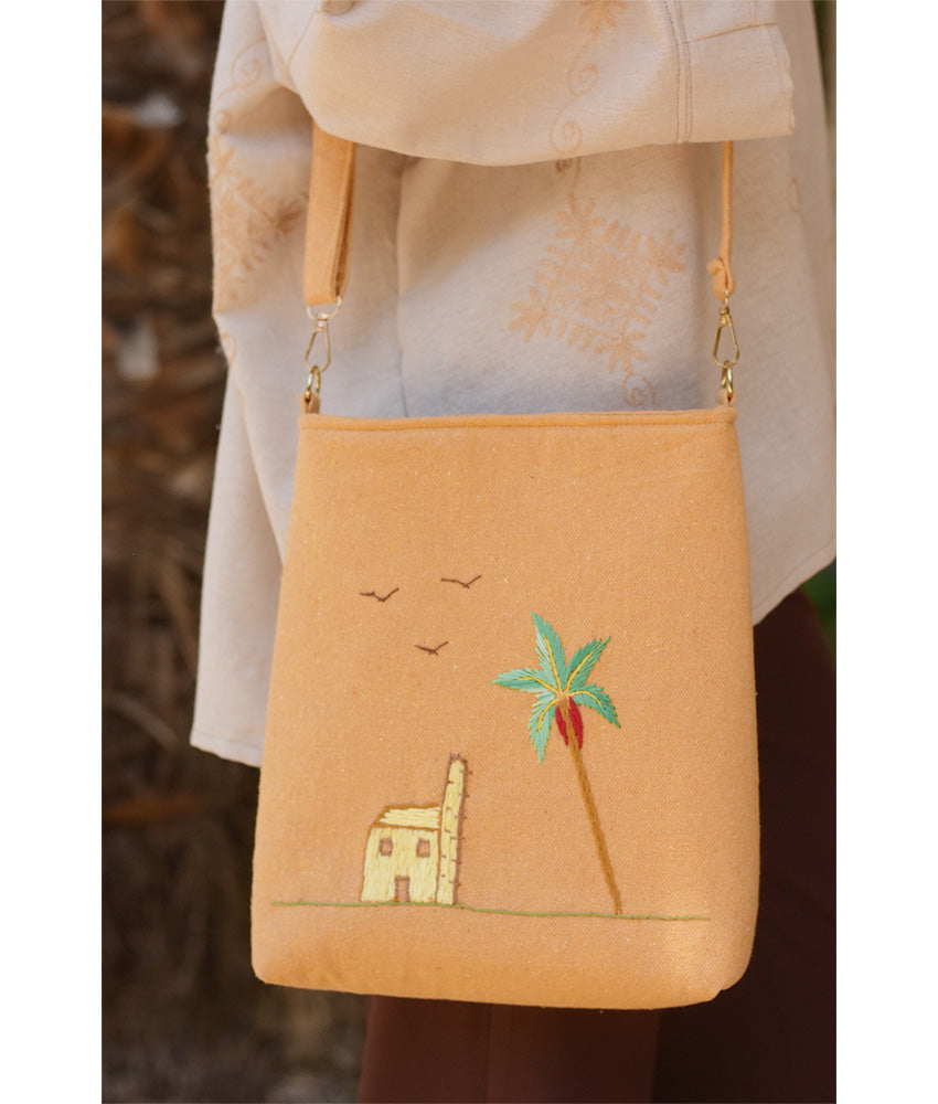 Camel Embroidered Palm Linen Cross Bag handmade in Egypt & available at Jozee Boutique.handmade in Egypt & available at Jozee Boutique.