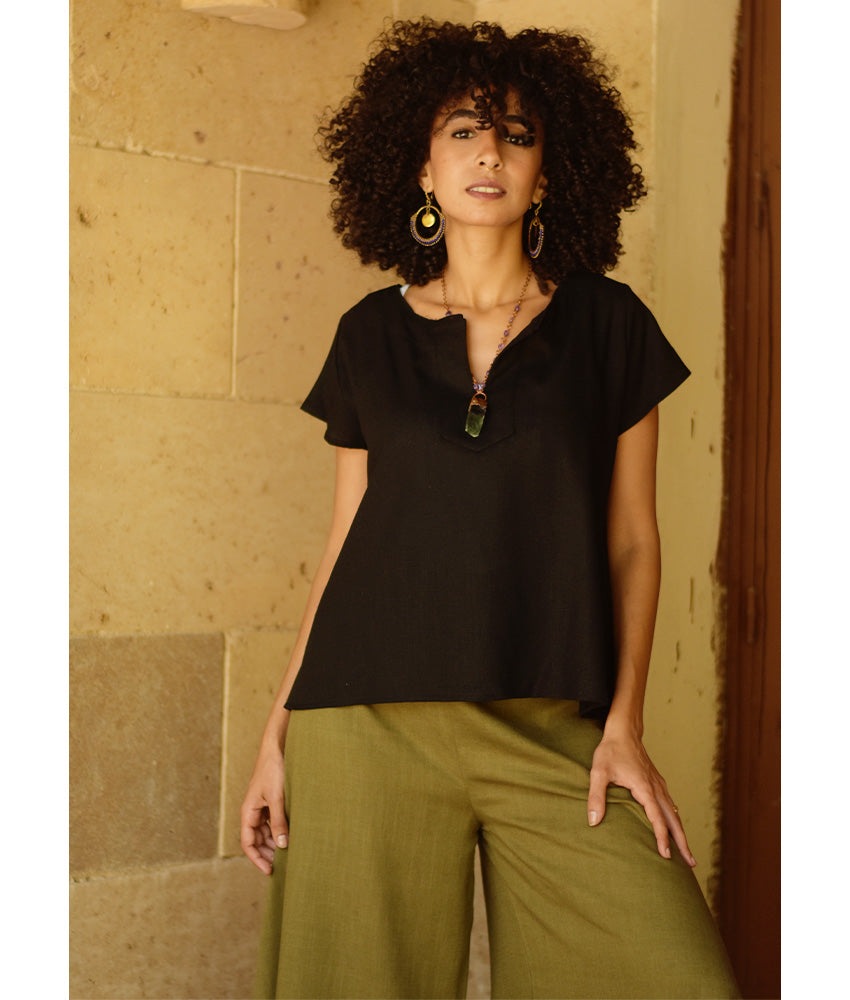Black Linen Relaxed Top handmade in Egypt & available at Jozee boutique