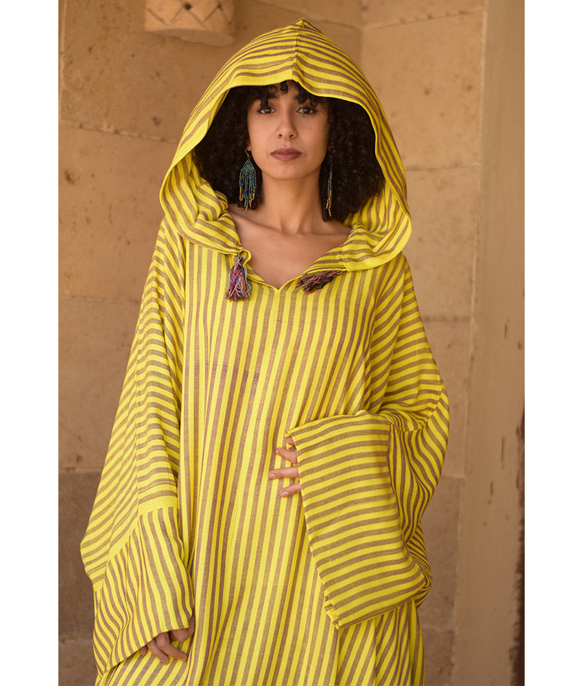 Yellow & Purple Stripped Viscose Kaftan with Hoodie handmade in Egypt & available at Jozee Boutique.