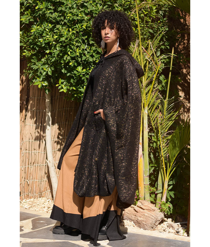 Black & Gold Handwoven Heavy Cotton Midi Cape handmade in Egypt & available at Jozee Boutique.handmade in Egypt & available at Jozee Boutique.