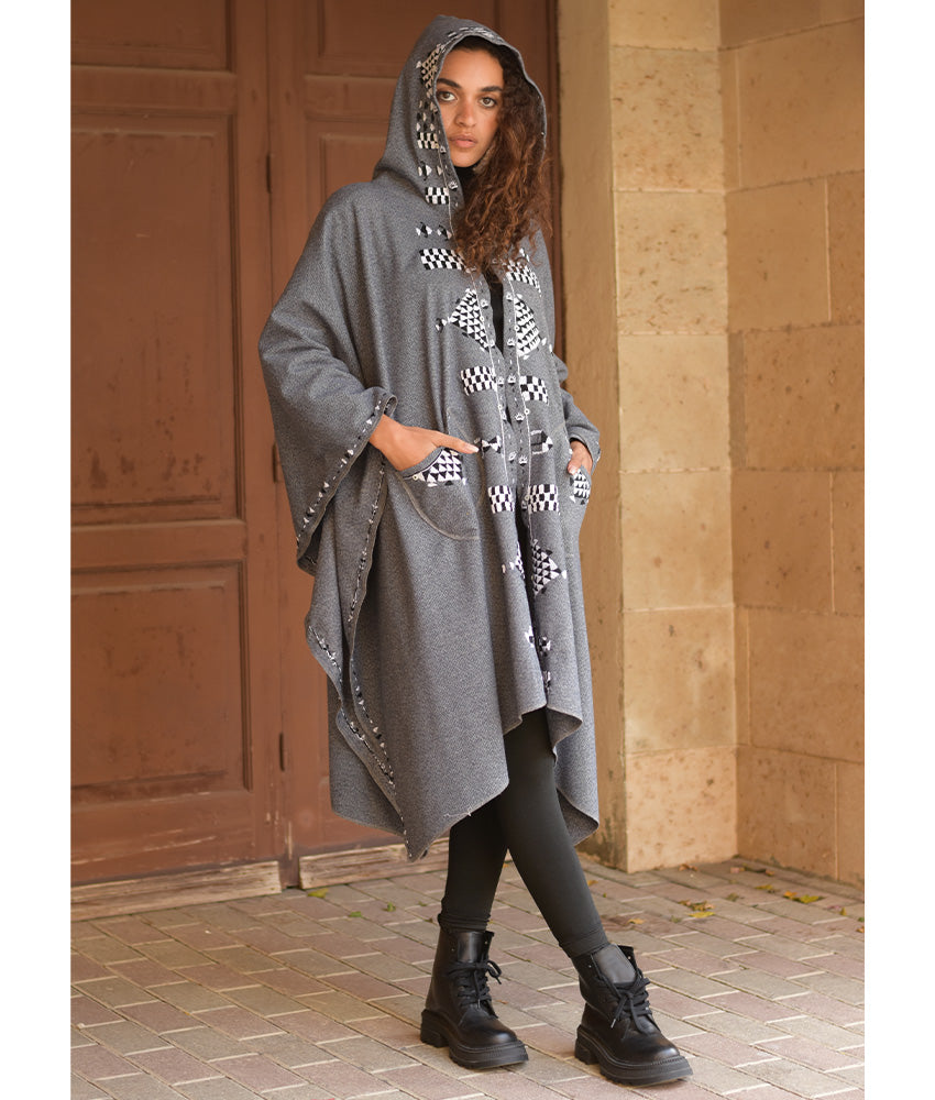Grey Siwa Embroidered Wool Midi Cape handmade in Egypt & available at Jozee Boutique.