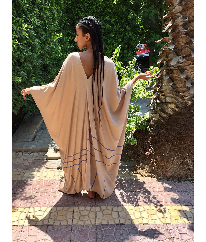 Beige & Blue Handwoven Viscose Long Kaftan Handwoven Viscose Top made in Egypt & available in Jozee boutique