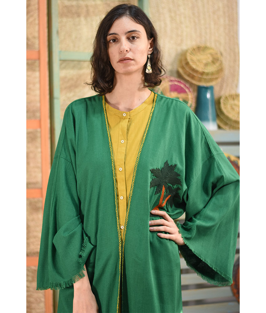 Green Embroidered Handwoven Linen Cardigan handmade in Egypt & available at Jozee boutique