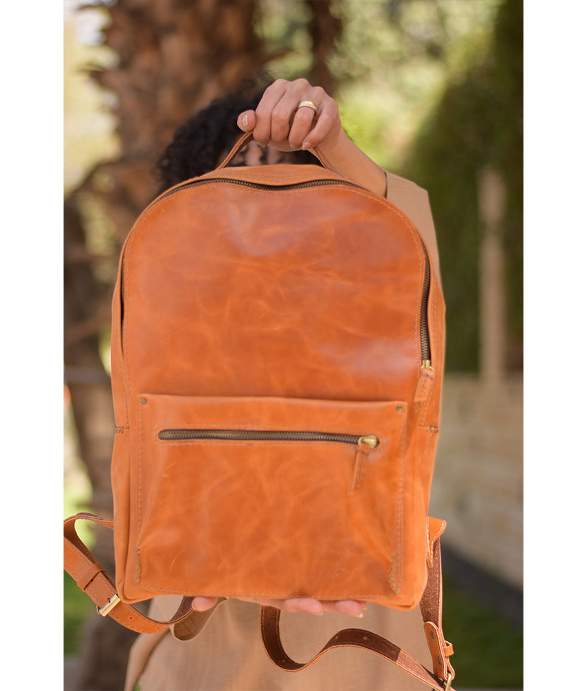 Camel Genuine Leather backpack handmade in Egypt and available at Jozee Boutique.
