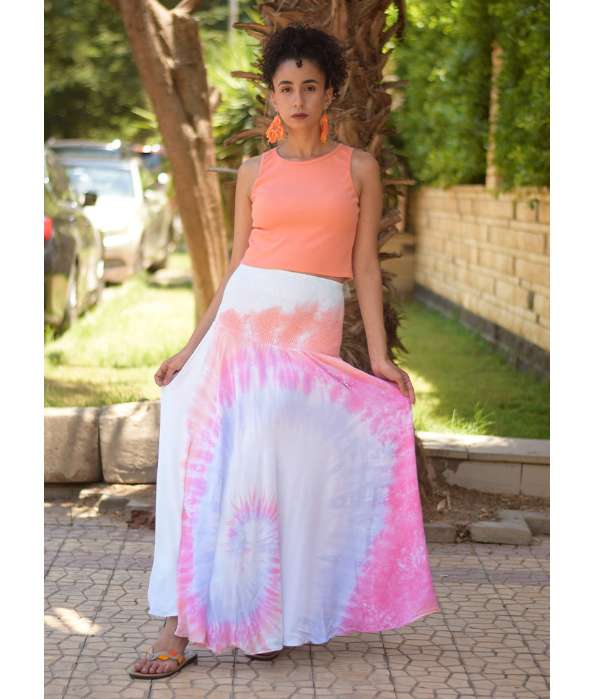 Shades of Light Blue Tie Dyed Maxi Skirt handmade in Egypt & available at Jozee Boutique.