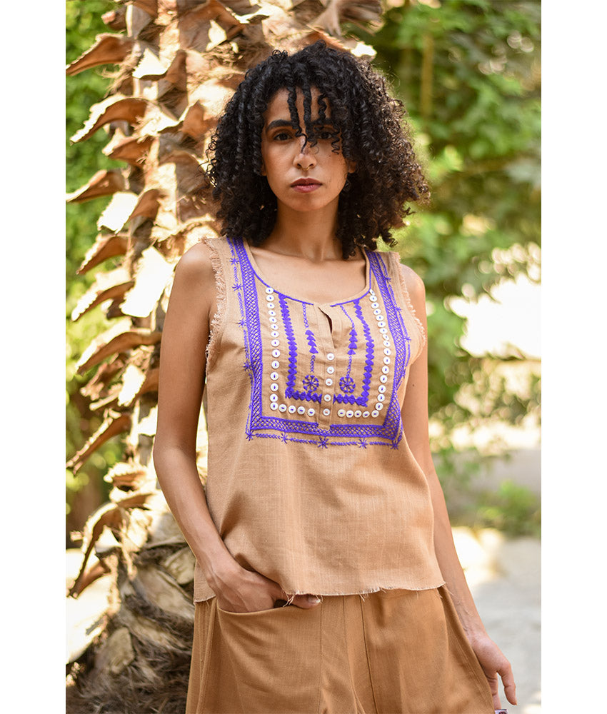 Dark Beige Siwa Embroidered Linen Top Handmade in Egypt & available at Jozee Boutique