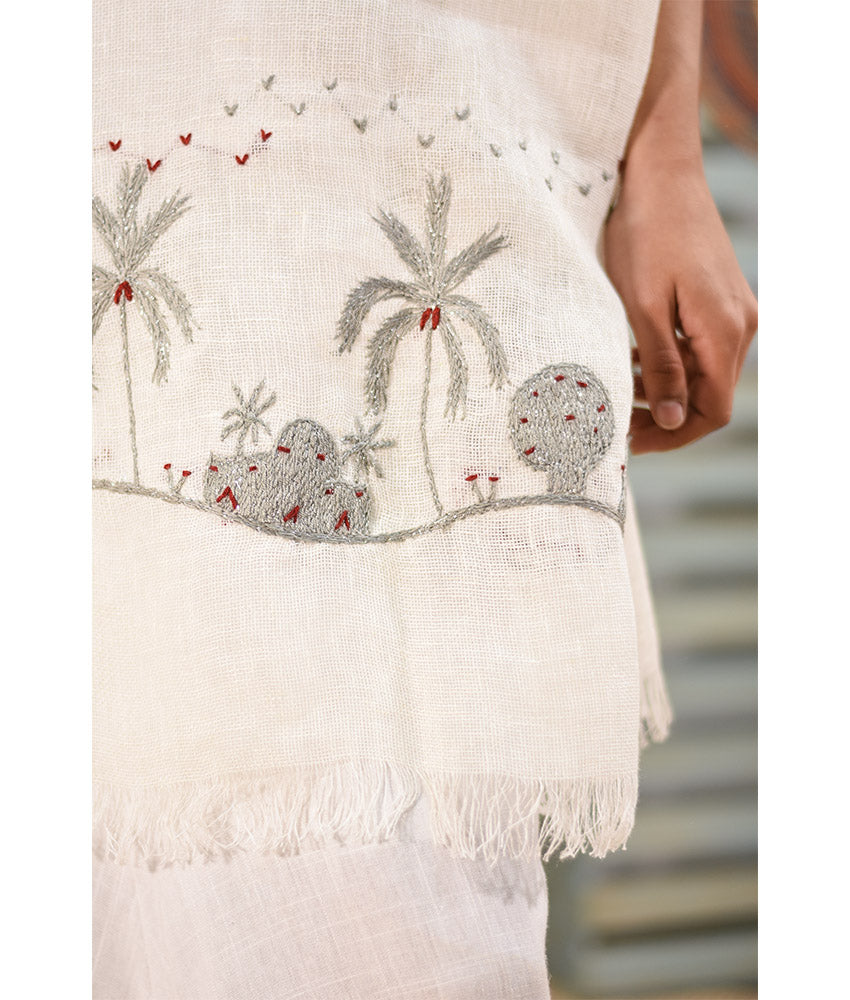 White Embroidered Linen Shawl handmade in Egypt & available at Jozee Boutique