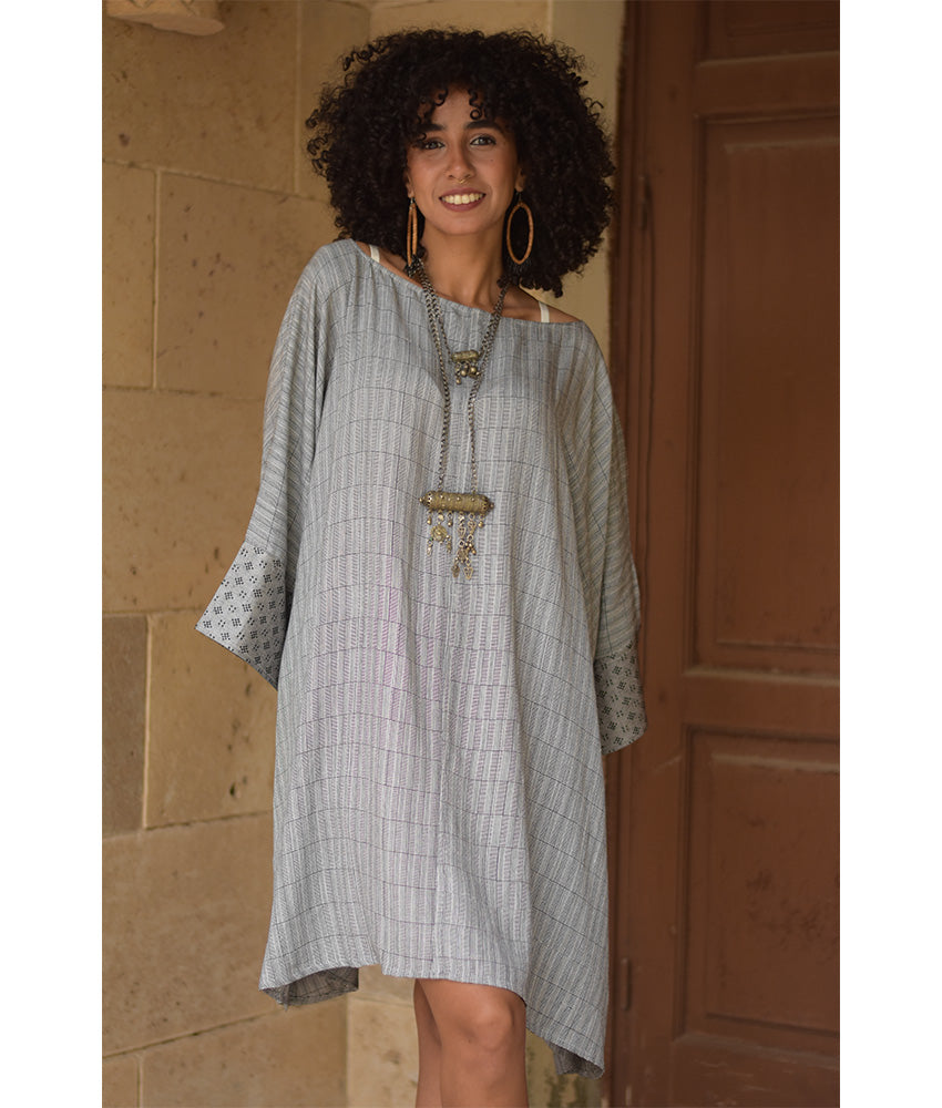 Grey Viscose Midi Dress with Inspired Pattern handmade in Egypt & available at Jozee Boutique.