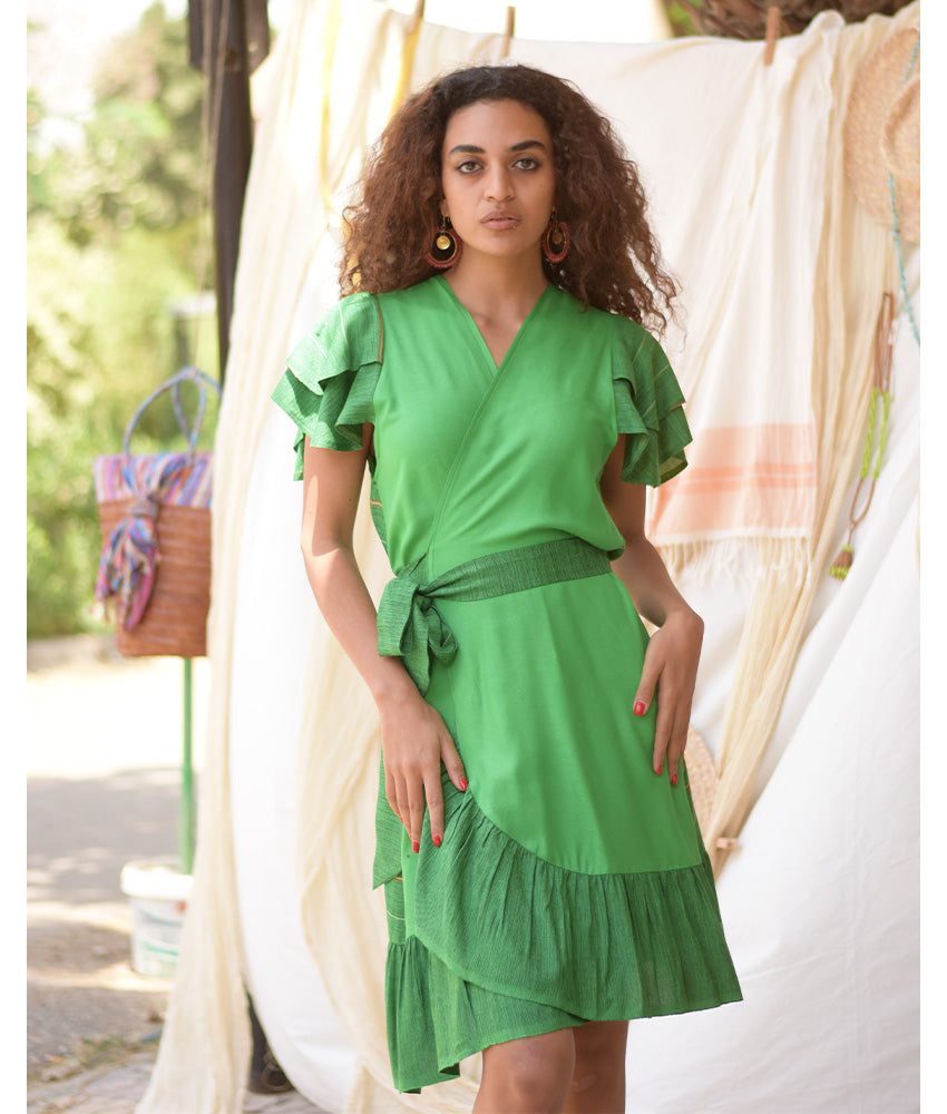 Shades of Green Handwoven Short Spiral Dress handmade in Egypt & available at Jozee Boutique.