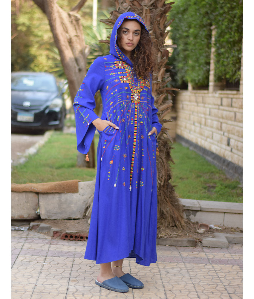 Electric Blue Siwa Heavily Embroidered Linen Dress with Hoodie handmade in Egypt & available at Jozee Boutique.