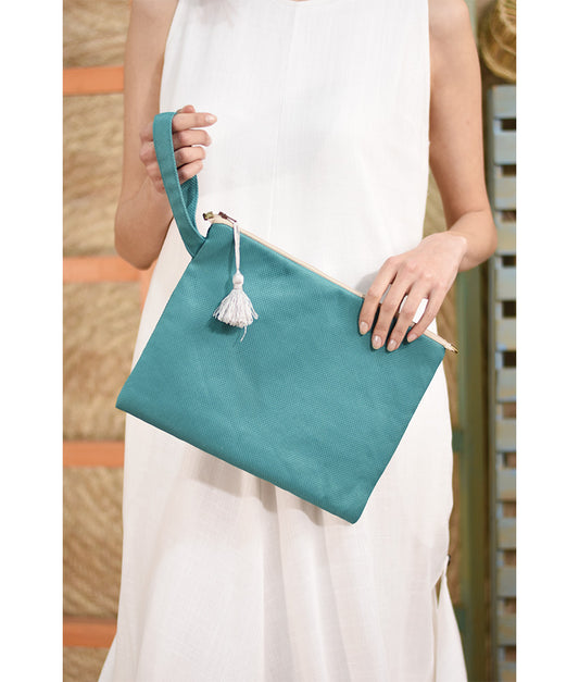 Turquoise Embroidered Clutch handmade in Egypt & available at Jozee Boutique.