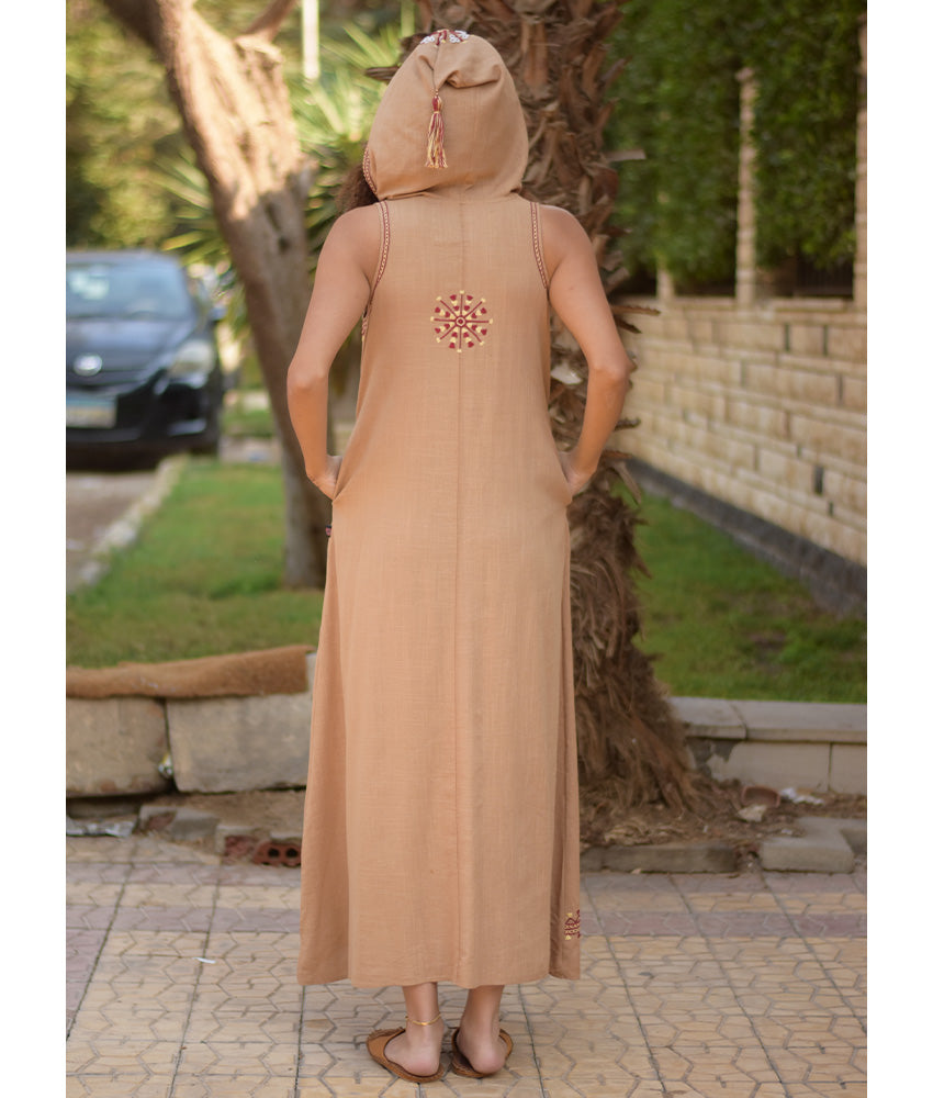 Dark Beige Siwa Embroidered Linen Dress with Hoodie handmade in Egypt & available at Jozee Boutique.