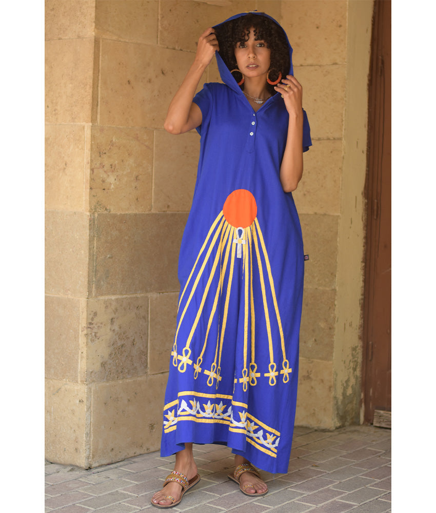 Electric Blue Linen Dress with Khyamia Ancient Egyptian Crafts Patchwork handmade in Egypt & available at Jozee Boutique.