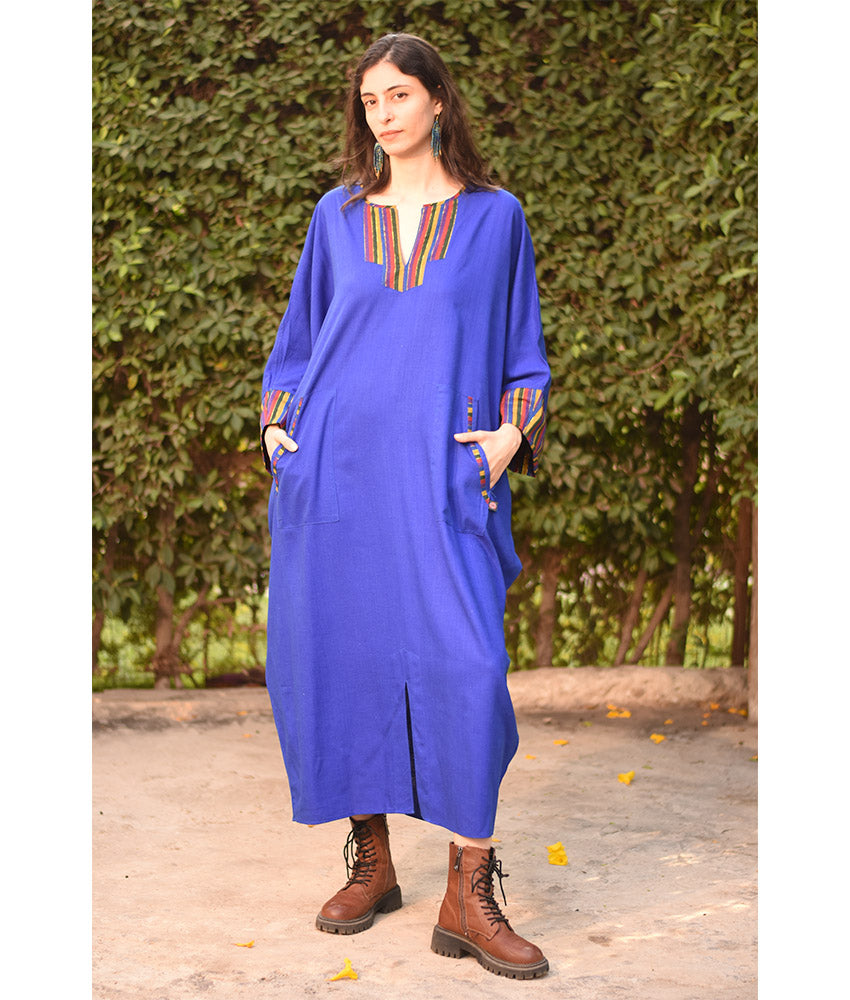 Electric Blue Linen Kaftan with Silk & Cotton Loom Woven Patches handmade in Egypt & available at Jozee Boutique.