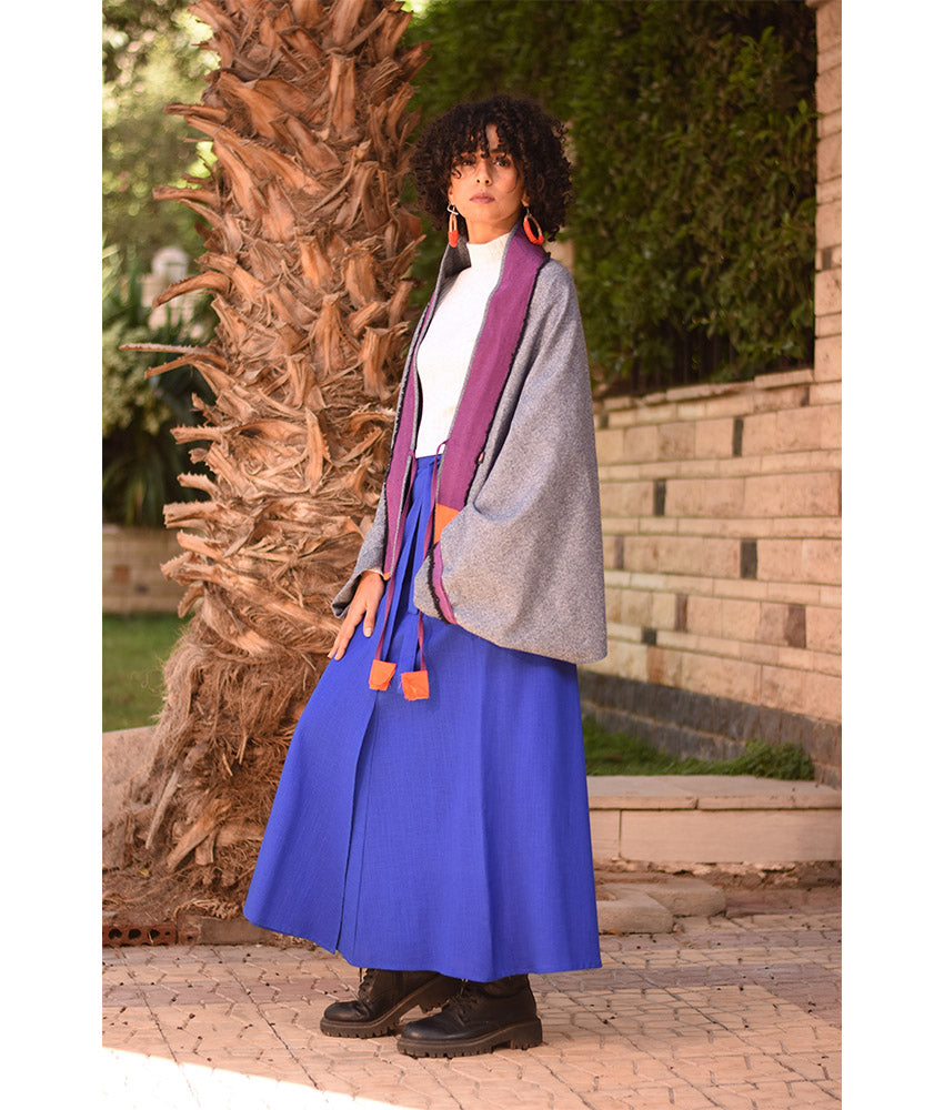 Grey & Purple Thin Wool Bolero with Silk & Cotton Loom Woven Patches handmade in Egypt & available at Jozee Boutique.