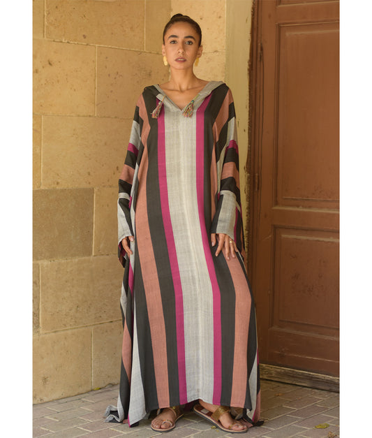 Multicolored Stripped Viscose Kaftan with Hoodie handmade in Egypt & available at Jozee Boutique.