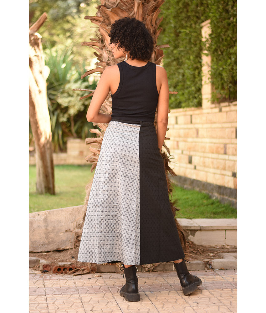 Black & Silver Silk and Cotton Loom Woven Long Wrap Skirt handmade in Egypt & available at Jozee Boutique.