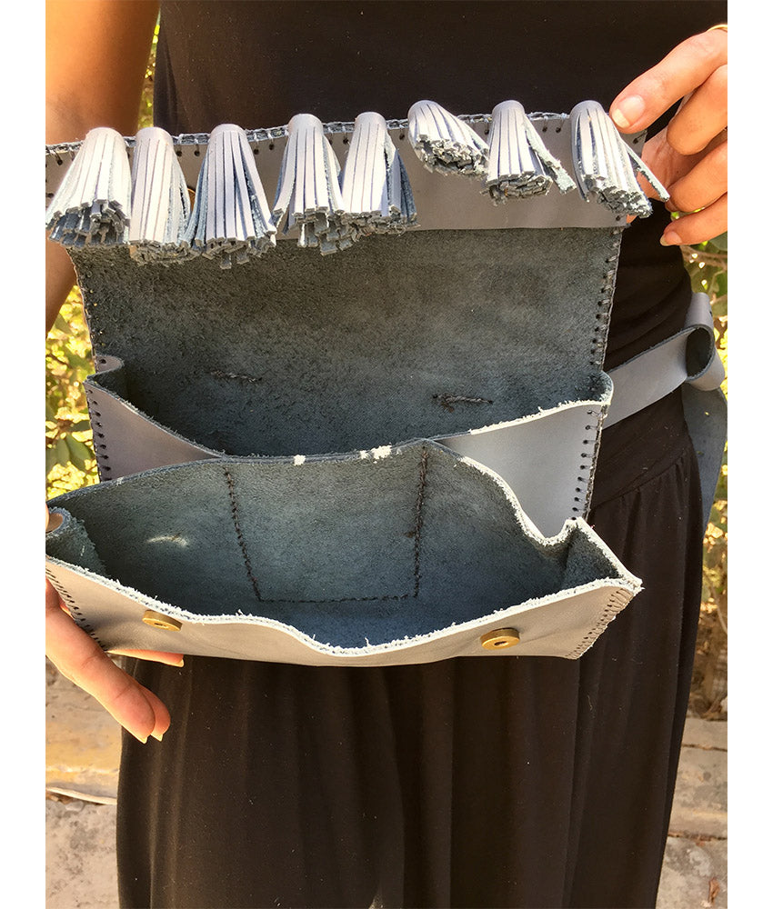 Light grey Genuine Leather waist Bag handmade in Egypt and available at Jozee Boutique.