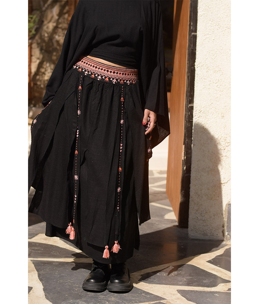 Black Siwa Embroidered Linen Slices Skirt handmade in Egypt & available in Jozee boutique