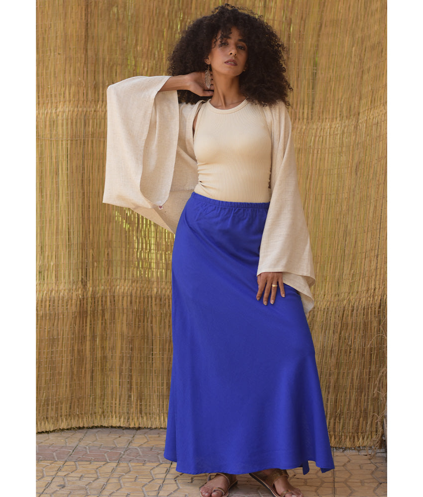 Electric Blue Linen Side-Slit Skirt with Elastic Waistband