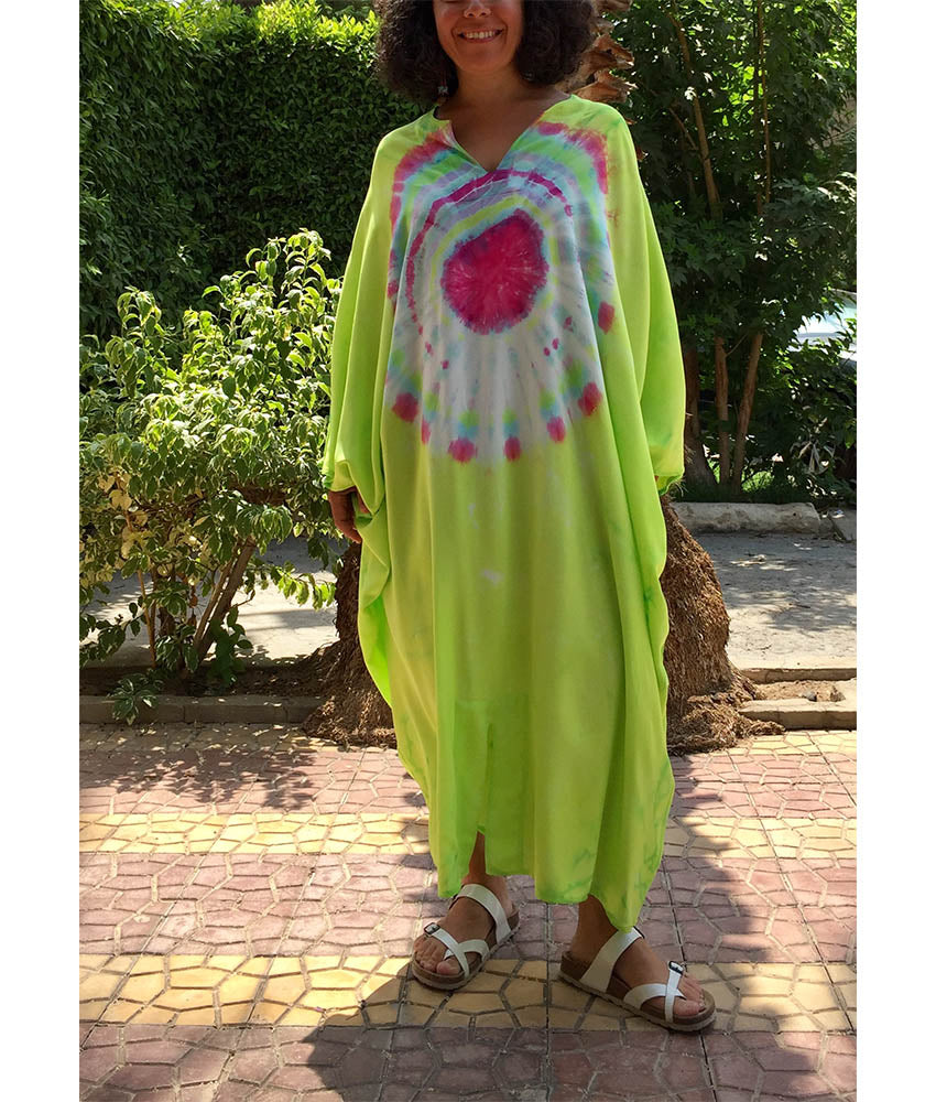 Lime Green & Pink Tie Dyed Kaftan handmade in Egypt & available in Jozee boutique