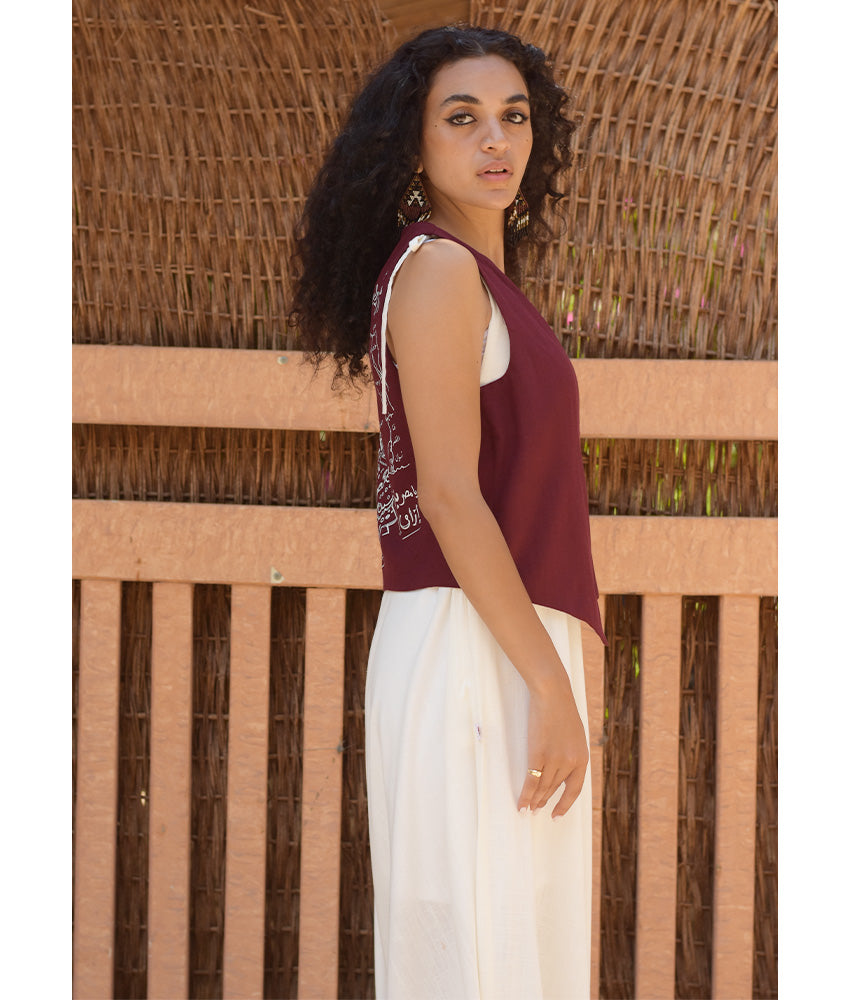 Burgundy El Mahrousa Linen Wrap Vest handmade in Egypt & available at Jozee Boutique.