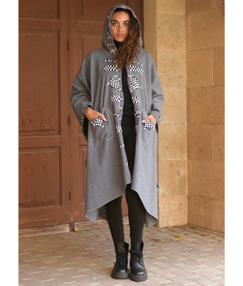 Grey Siwa Embroidered Wool Midi Cape handmade in Egypt & available at Jozee Boutique.