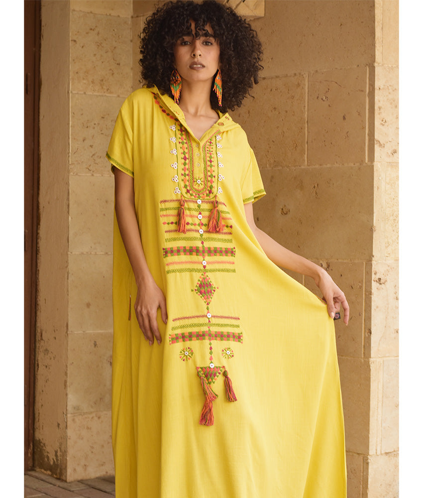 Mustard Siwa Embroidered Linen Dress with Hoodie handmade in Egypt & available at Jozee Boutique.