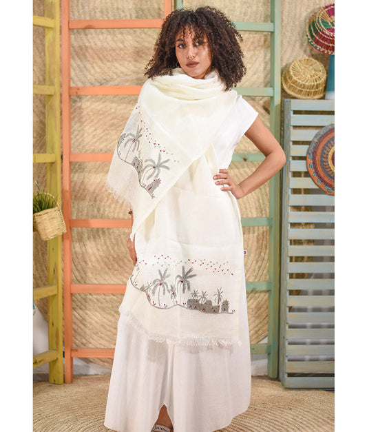 White Embroidered Linen Shawl handmade in Egypt & available at Jozee Boutique