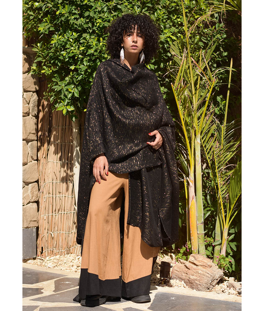 Black & Gold Handwoven Heavy Cotton Midi Cape handmade in Egypt & available at Jozee Boutique.handmade in Egypt & available at Jozee Boutique.