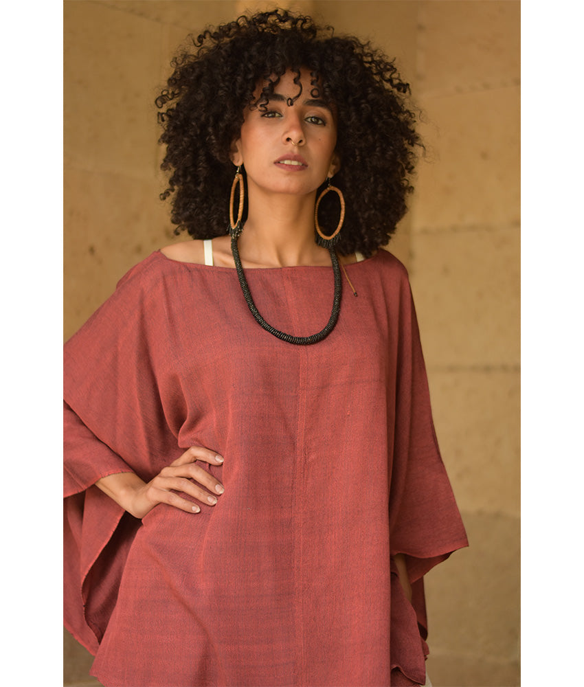 Brick Red Viscose Oversized Top with Flowing Silhouette handmade in Egypt & available at Jozee Boutique.